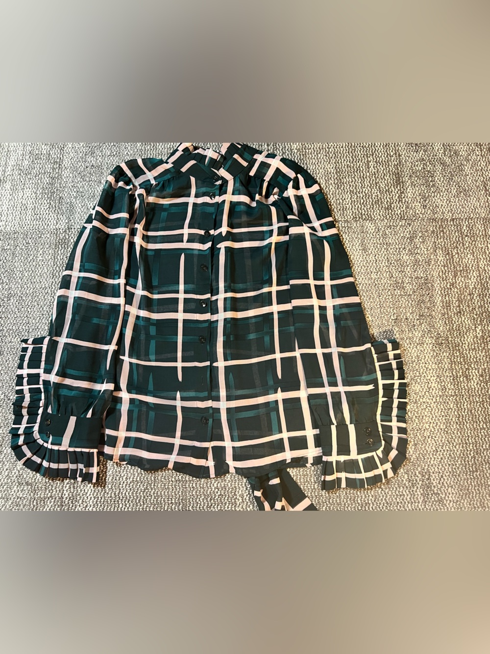 Cabi Cake Ruffle Blouse 3948 Green Pink Plaid Sheer Top M